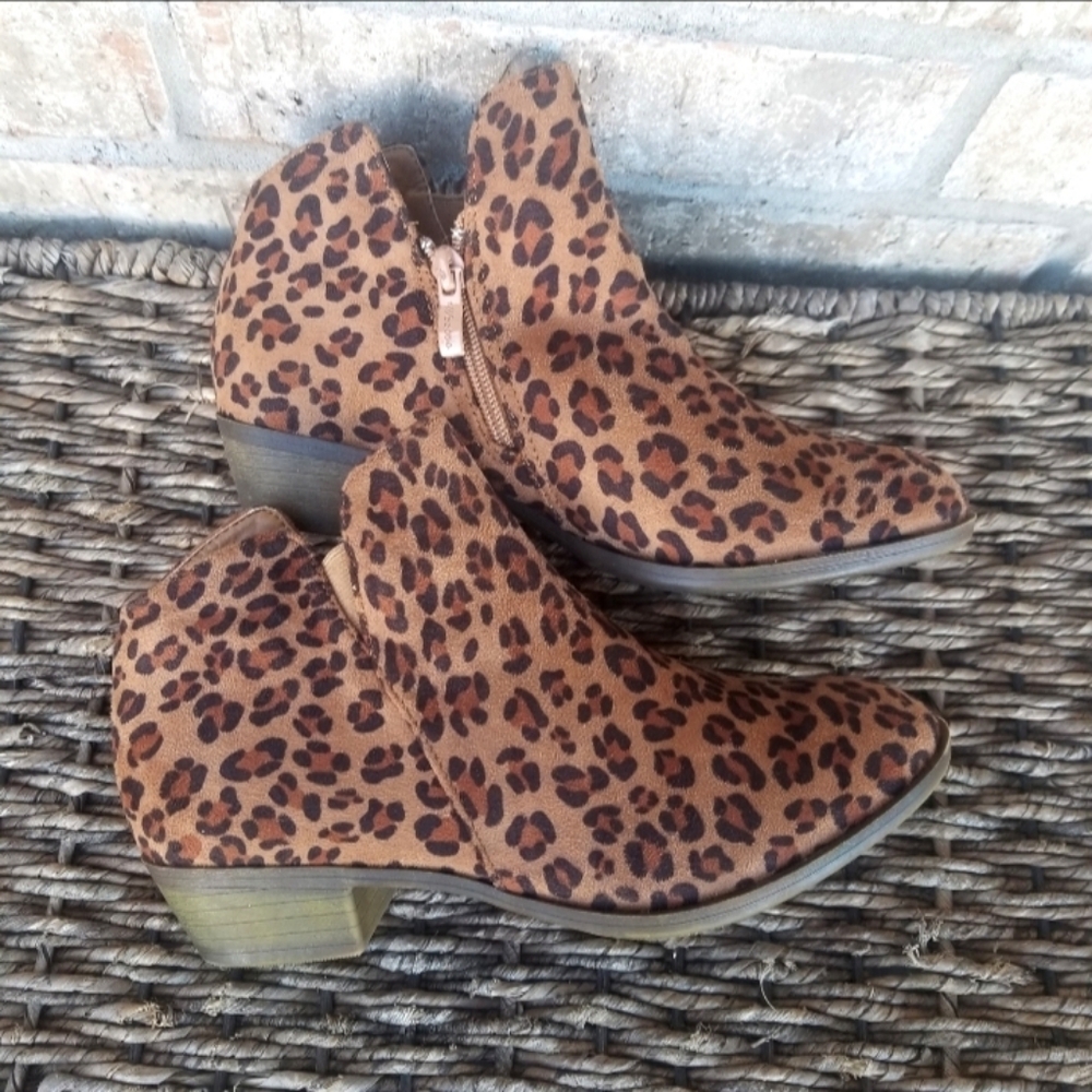 Weboo LeopardPrint Ankle Booties (Womens 6.5) Brown Black Zip Block Heel Boots